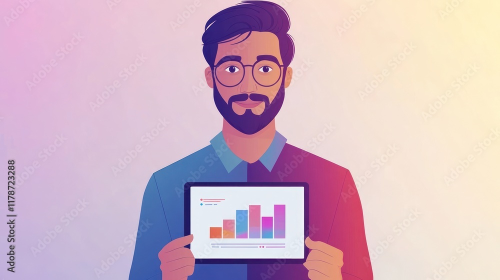 Poster man holding tablet showing graph.