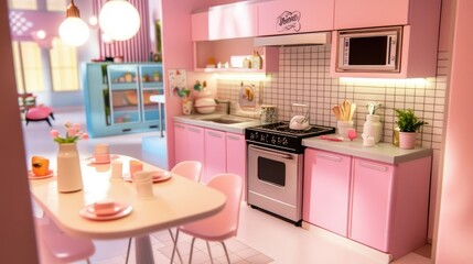 Charming Pink Dollhouse Kitchen Interior Design