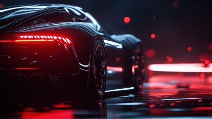 Sleek black sports car's rear view, illuminated by red lights at night.