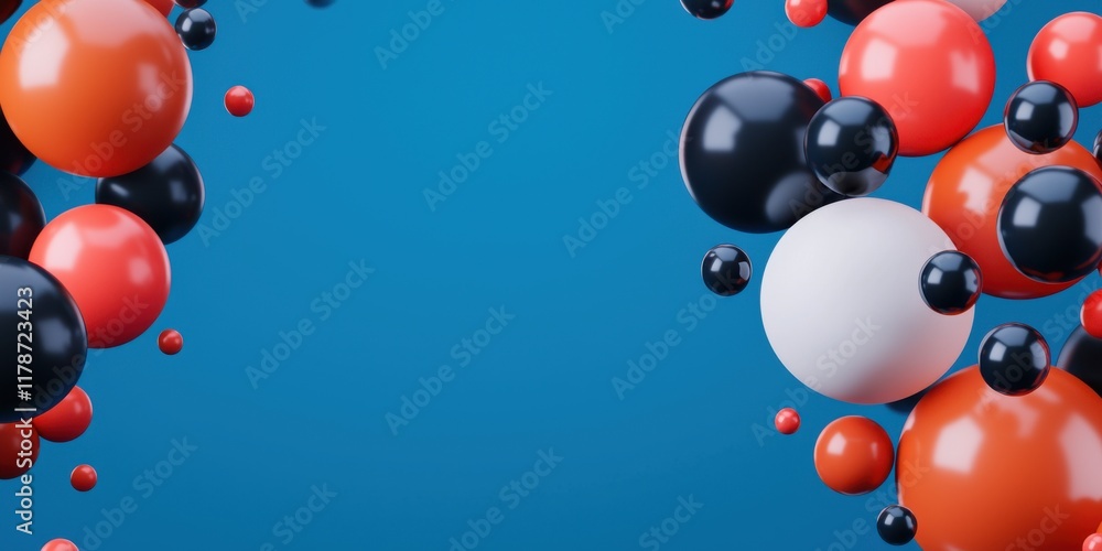Poster colorful spheres on a blue background creating a dynamic visual effect.