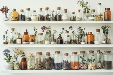 Colorful collection of dried herbs and plants in glass jars arranged on a white shelf
