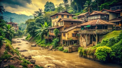 Fototapeta premium Bogor's Cibalok River: A vintage photo reveals lush greenery masking potential landslide risk.
