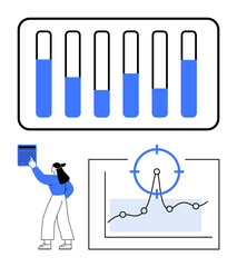 Bar graph with varying levels, analytics chart with focus target, and a person using a calculator. Ideal for business, data, strategy, decision-making, calculations, efficiency abstract line flat