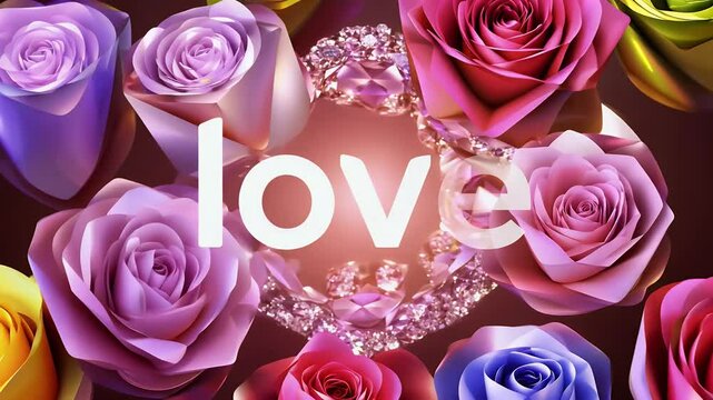 word &ldquo;LOVE&rdquo; artistically displayed colorful gemstones roses represent Valentine&rsquo;s Day sentiments enchanting visual arrangement