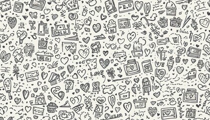 Doodle pattern with hearts and various objects.