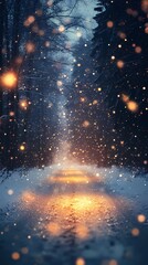 Abstract blurred bokeh glow softly scattered along a frosty forest trail with snow-covered trees evoking a serene seasonal feel