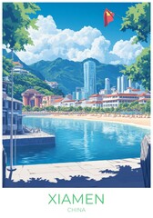Xiamen China Travel Poster Flat Illustration Print Decor Gift Canvas Wall Art Gift