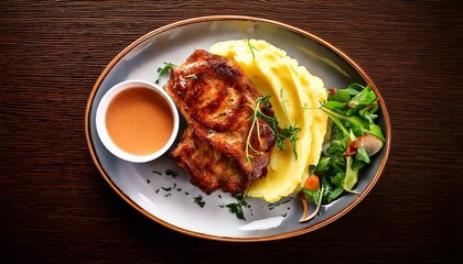 Delicious grilled chicken with mashed potatoes and salad restaurant dining culinary delight
