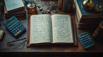 Vintage Desk: Open Notebook, Calculators, and Books