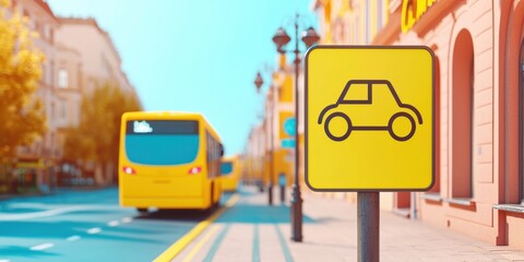 Naklejka premium Street scene featuring a car sign with a bus in the background.