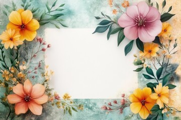 Obraz premium Watercolor blank greeting card template, floral border. Holiday template with copy space