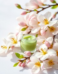 Green cream surrounded by delicate blossoms on a soft background captures the essence of natural beauty and skincare
