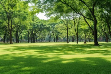 Obraz premium Green lawn in city park under sunny light vegetation landscape outdoors.