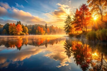Misty autumn lake at sunrise. Golden hour's soft light bathes the landscape in photographic magic.
