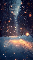 Naklejka premium Abstract blurred bokeh glow softly scattered along a frosty forest trail with snow-covered trees evoking a serene seasonal feel