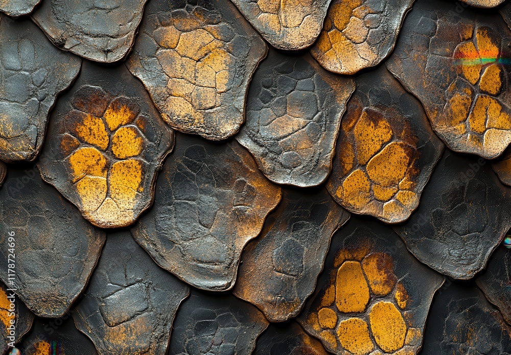 Poster textured surface of old weathered scales with rich hues of black and yellow in an abstract pattern f