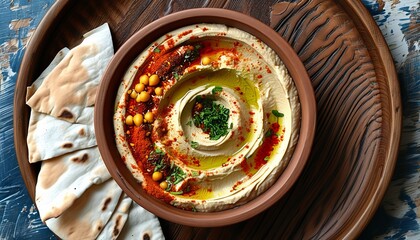 Delicious Hummus Bowl with Toppings Served with Pita Bread on a Rustic Wooden Table