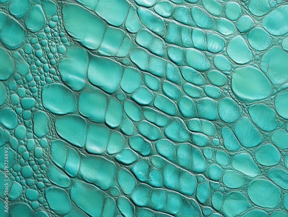 Poster textured surface of vibrant aqua green crocodile skin, showcasing unique patterns and irregular shap