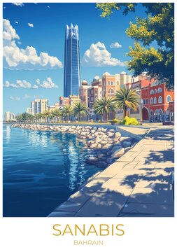 Sanabis Bahrain Travel Poster Flat Illustration Print Decor Gift Canvas Wall Art Gift