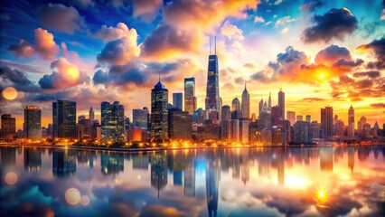 Mystical Chicago:  Night city lights and abstract architecture intertwine in a surreal double exposure.