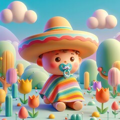 Fototapeta premium Child little baby 3d render illustration mexican style hat and moustache concept
