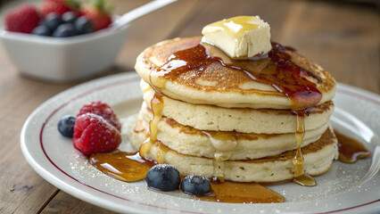 Delicious fluffy pancakes topped with with butter, icing sugar and syrup