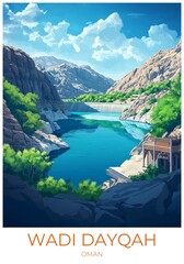Wadi dayqah Oman Travel Poster Flat Illustration Print Decor Gift Canvas Wall Art Gift