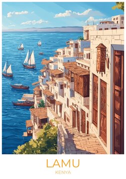 Lamu Kenya Travel Poster Flat Illustration Print Decor Gift Canvas Wall Art Gift