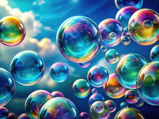 Panoramic view of magical bubble blowing: teal, blue, rainbow hues create a breathtaking scene.