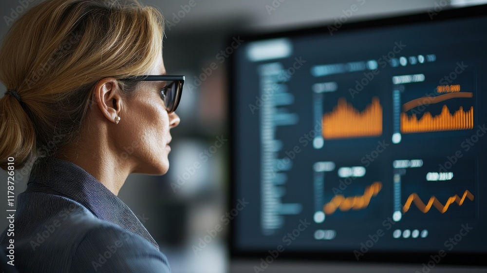 Poster a focused professional analyzes data trends on a screen, showcasing visual graphs and statistics in 