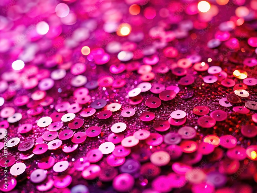 Poster pink sequin fabric explodes with glittering light; abstract sparkle close-up.