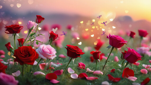 Fototapeta Dreamy Valentine's Day Meadow Scene with Roses and Sunset Glow