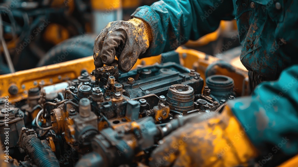 Poster a mechanic works on a dirty engine, showcasing hands covered in grease while adjusting components in