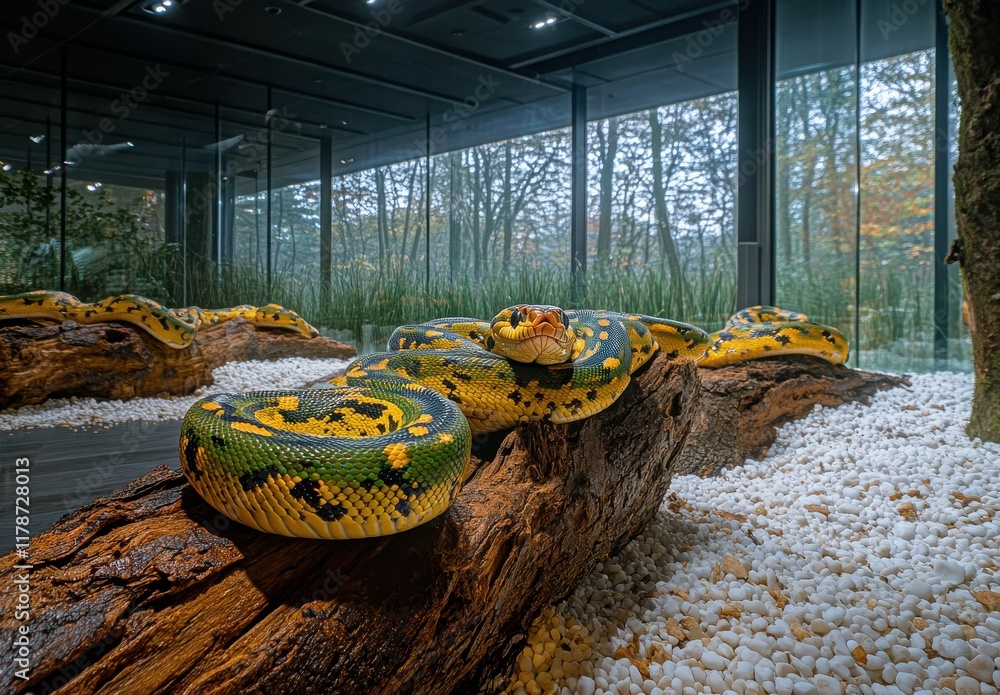 Poster vibrant green and yellow python coiled on a log surrounded by natural decor in an indoor exhibit set
