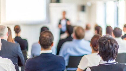 Professional Seminar Audience – A business seminar with a blurred background showing a focused audience.
