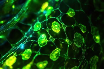 Bright green cellular structures observed under fluorescence microscopy in a laboratory setting