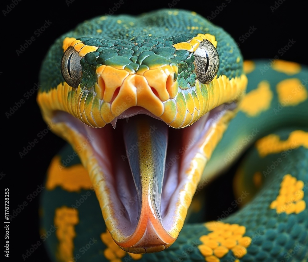 Aufkleber vibrant green and yellow tree snake exhibits formidable yawn, displaying intricate scales and unique