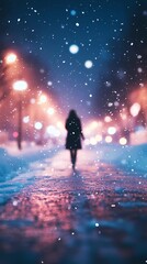 Obraz premium Blurred glowing golden light reflecting softly on a snowy forest road creating a peaceful and magical wintertime backdrop