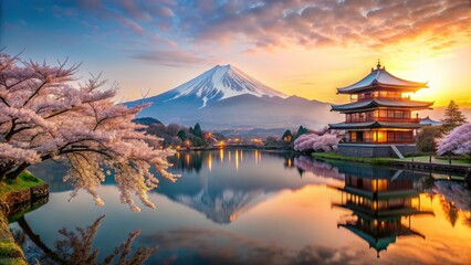 Fototapeta premium Sakura petals dance with Fuji's majestic silhouette, a sunrise-kissed temple and shrine, a double exposure of serene Japan.