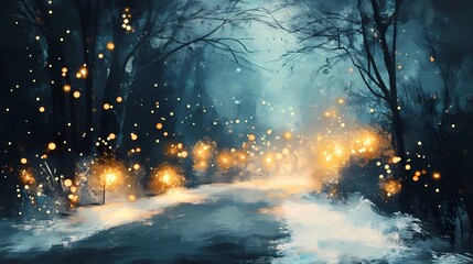 Blurred glowing golden light reflecting softly on a snowy forest road creating a peaceful and magical wintertime backdrop