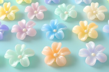 Obraz premium Colorful Decorative Flowers on Soft Blue Background in Pastel Shades