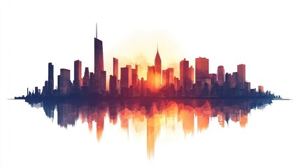 City skyline sunrise reflection.