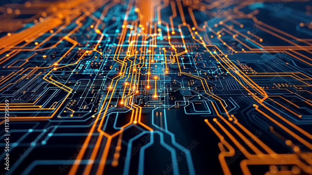 Poster digital circuit technology abstract innovation with glowing blue and orange lines and nodes in elect