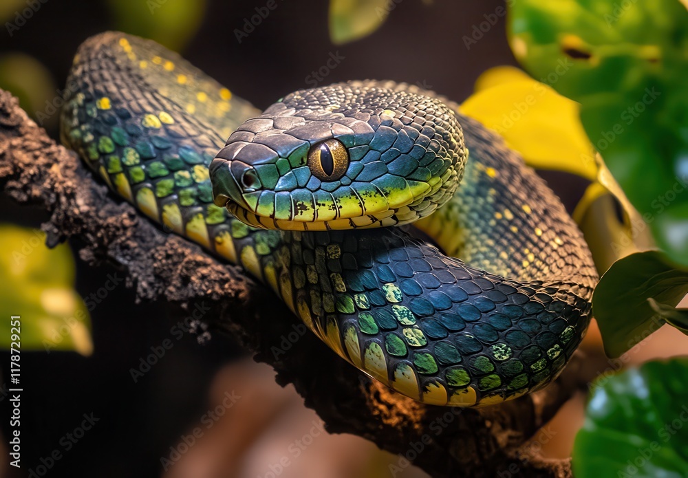 Poster vibrant green tree python coiled on a branch surrounded by lush foliage captured in a detailed close