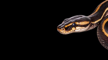 Obraz premium A striking close-up of a colorful python against a black background, showcasing its intricate patterns and textures.