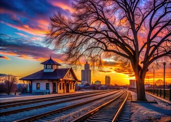 Fototapeta premium Silhouetted Boise depot, trees, and cityscape capture Idaho's landscape beauty.