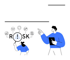 Businesspeople analyzing and pointing to risk-related icons, including finance, strategy, and data. Ideal for risk management, decision-making, teamwork, planning, problem-solving analytics