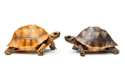 Obraz premium Two tortoises facing each other, one with a lighter shell and the other with a darker shell, set against a white background.