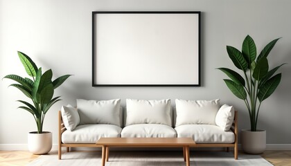 Cozy living room mockup features white sofa, wooden coffee table. Blank frame provides space for custom design. Indoor scene neutral color palette, minimalist style. Plants add touch of nature.