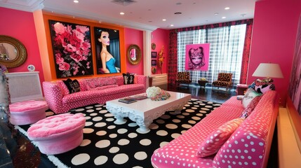 A Pink Paradise:  Polka Dots, Pop Art, and Plush Comfort in a Chic Living Room